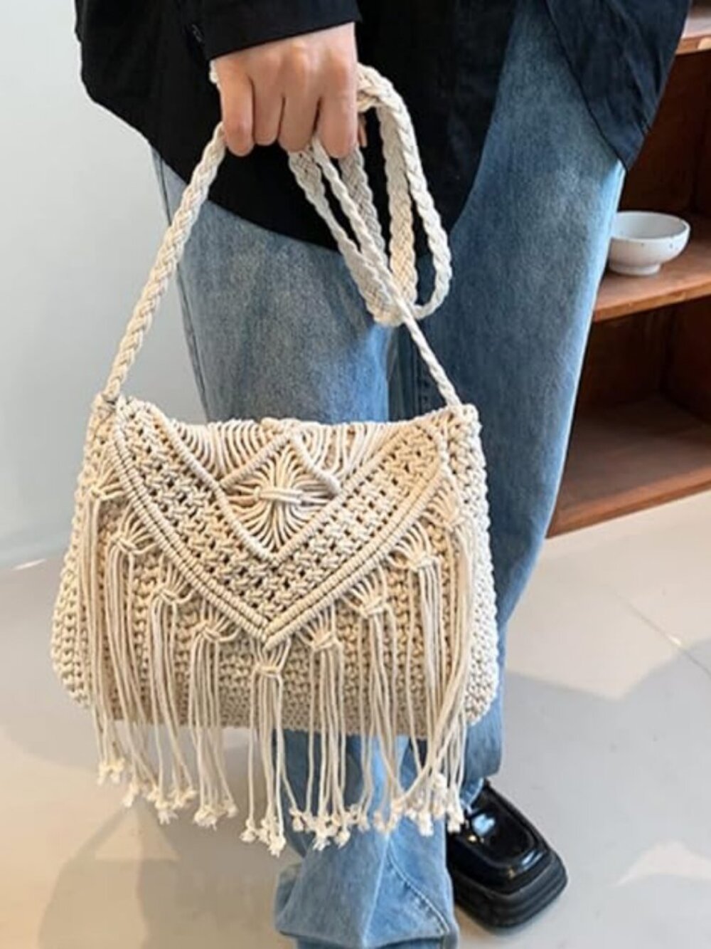 Women's Macrame Crochet Hobo Crossbody Purse Tassel Shoulder Tote Bag